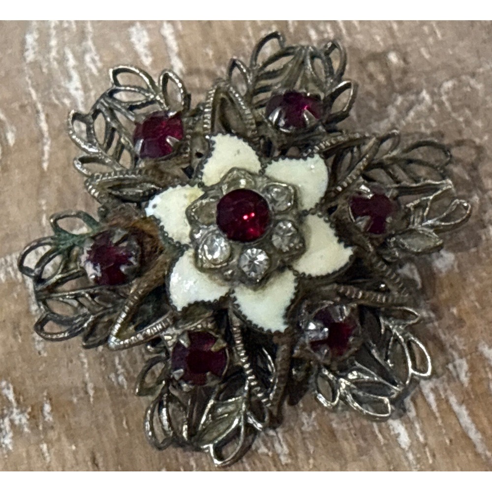 Vintage Rhinestone Flower Brooch Red Crystal Enamel Filigree Ornate